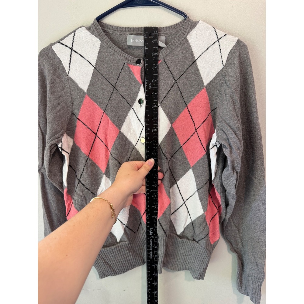 Liz Claiborne Argyle Cardigan Sweater Grey Pink White Cotton Blend Womens Large